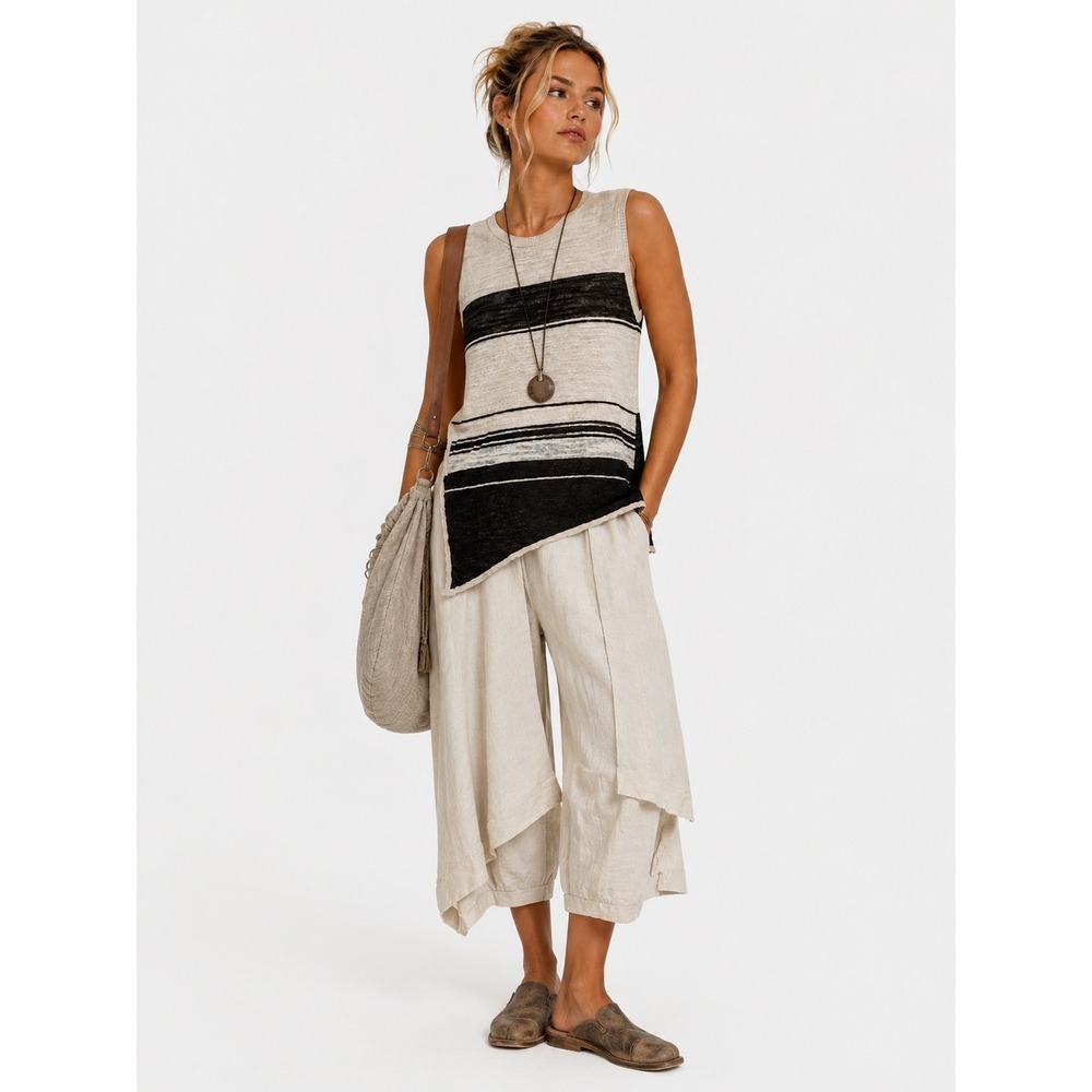 Wilt Linen Blend Striped Asymmetrical Sleeveless Tunic Top L